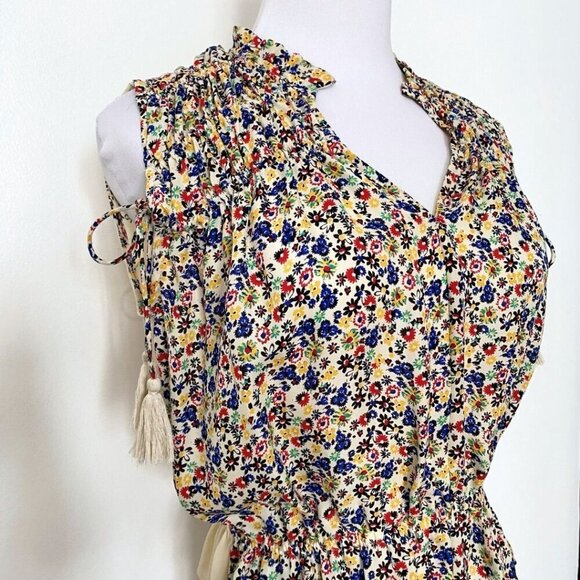 NWOT DEREK LAM 10 CROSBY 100% SILK FLORAL SLEEVELESS SMOCKED TASSEL BLOUSE - XS - Picture 5 of 10